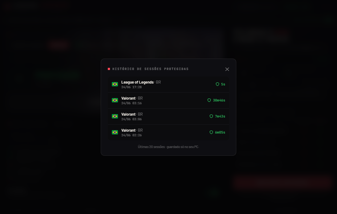 Histórico de sessões — guardado só no seu PC
