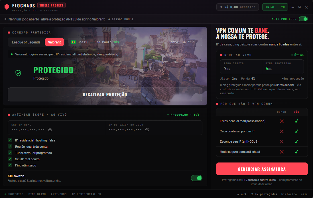 Protegido — Anti-Ban Score ao vivo, IP de saída oculto e ping baixo
